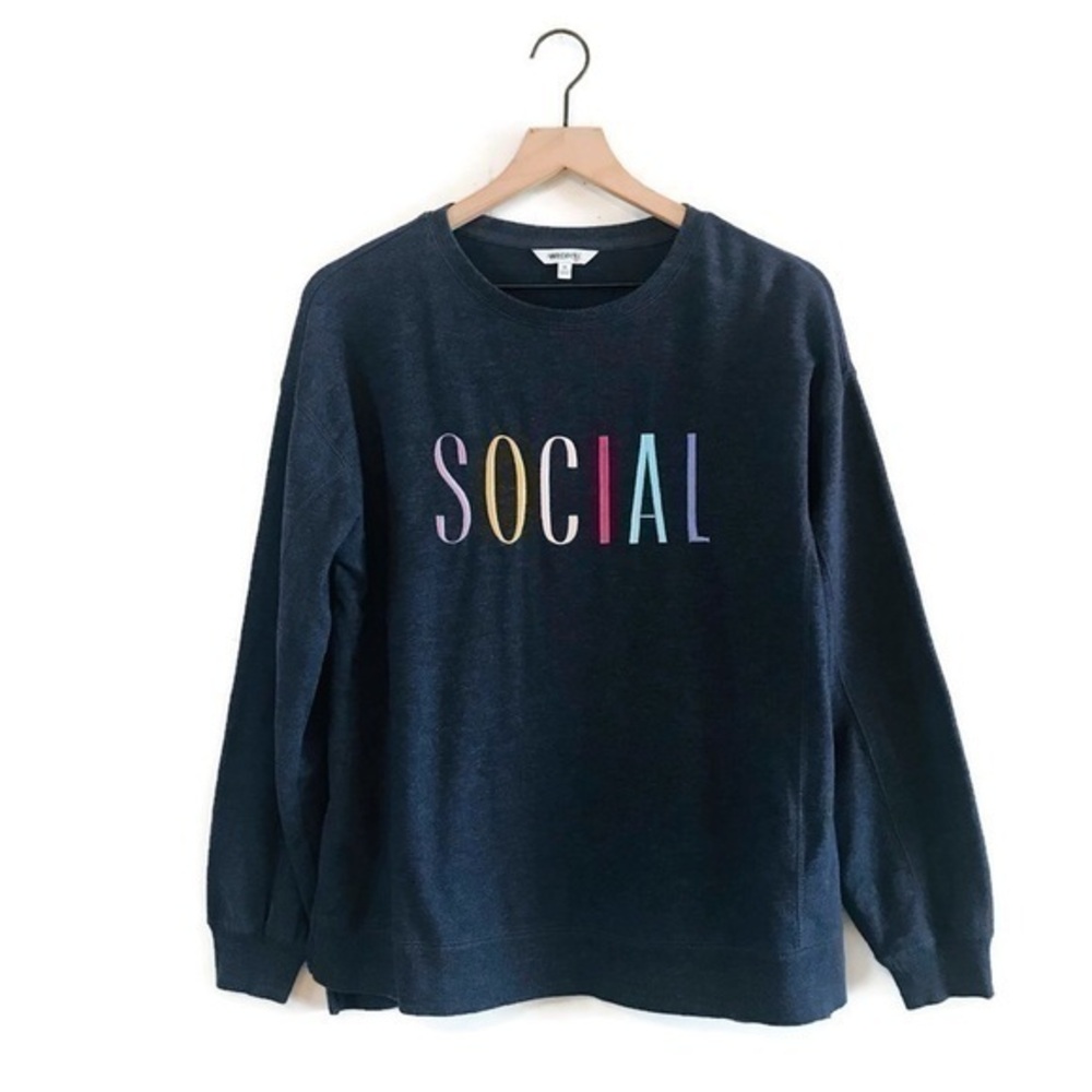 Wildfox SOCIAL Blue French Terry Crew Neck Pullover Sweatshirt Size Medium